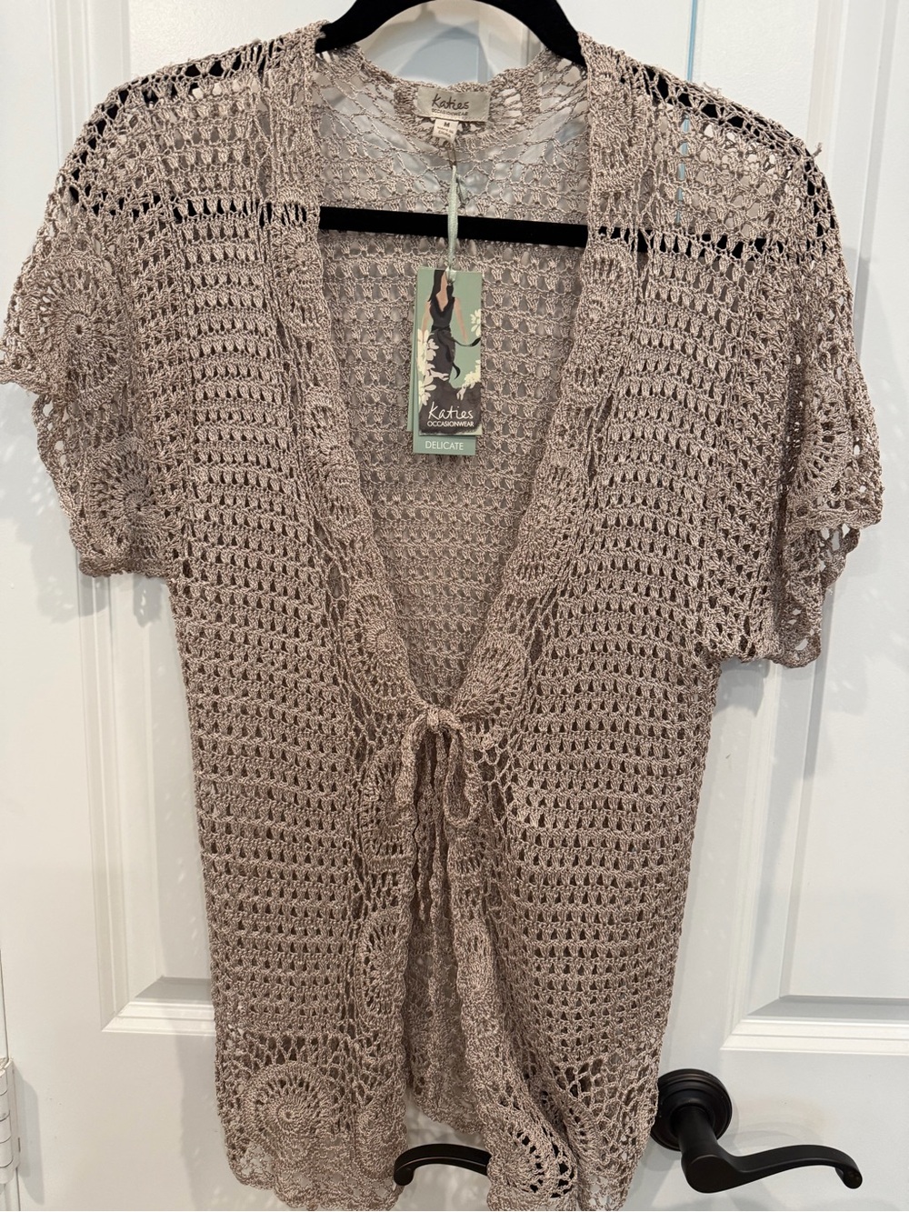 Katies Occasionwear Crocheted Tie-Front Cardigan in Light Taupe